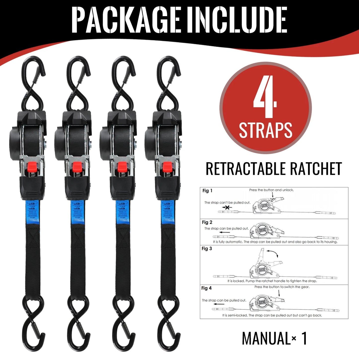 Retractable Ratchet Straps 1" x 10' Heavy Duty-1209 lbs Break Strength-Auto Retractable Boat Trailer Tie Down for Truck,Cargo