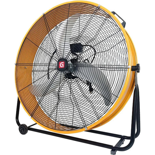24-Inch Large Industrial Drum Fan 3-Speed High-Velocity Floor Fan with Built-in Wheels & Handle Metal Air Circulator Cooling Fan