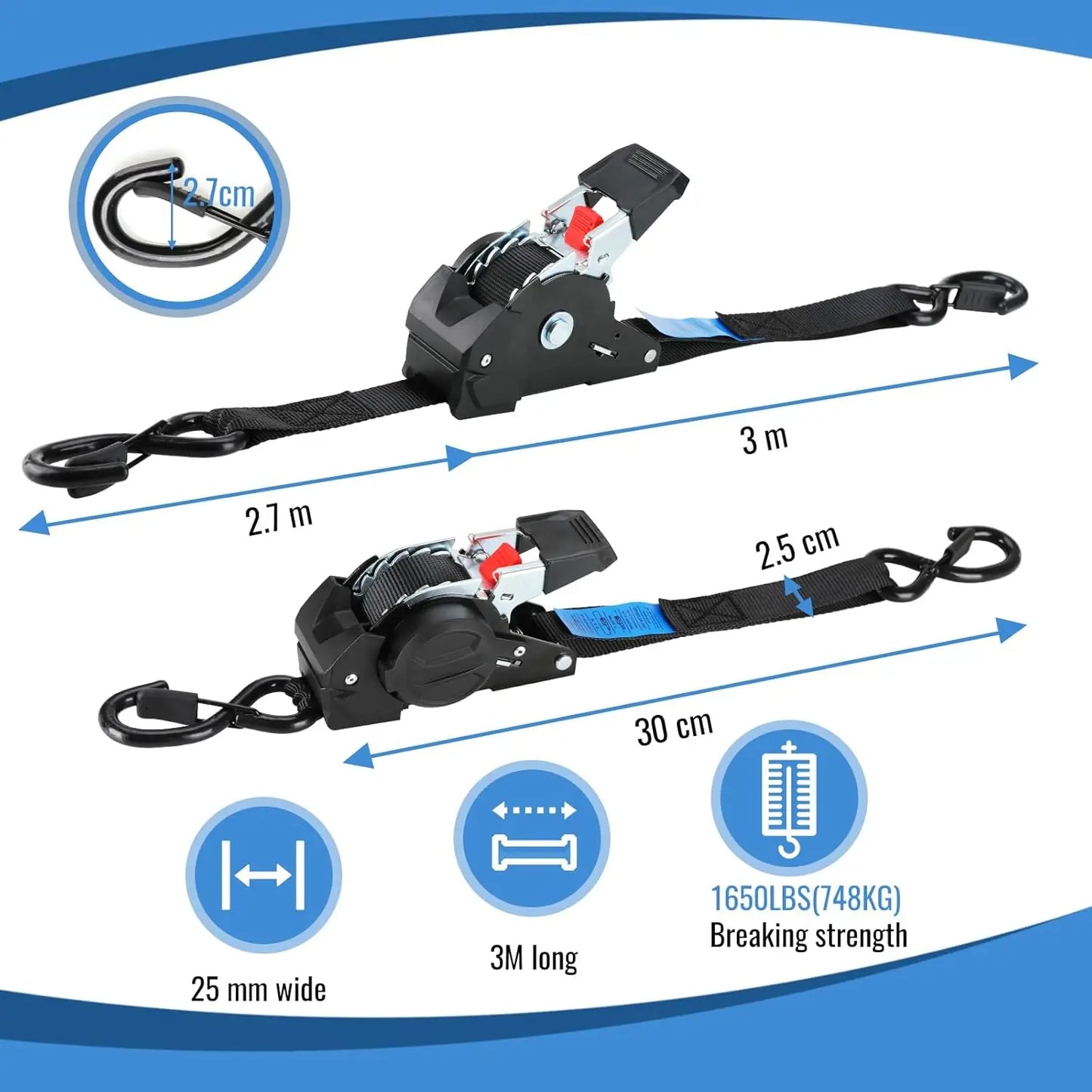 Retractable Ratchet Straps 1" x 10' Heavy Duty-1209 lbs Break Strength-Auto Retractable Boat Trailer Tie Down for Truck,Cargo