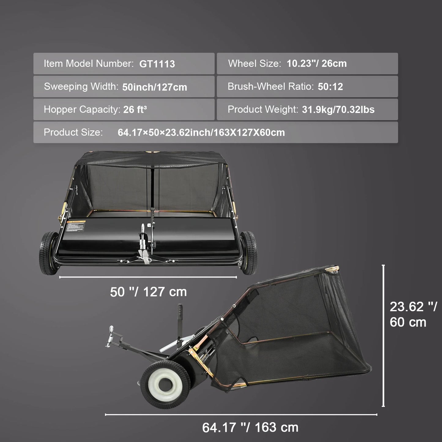 SucceBuy Lawn Sweeper Tow Behind Large Pull Behind Grass Sweeper with Dump Rope Adjustable Sweeping Height for Picking Up Grass