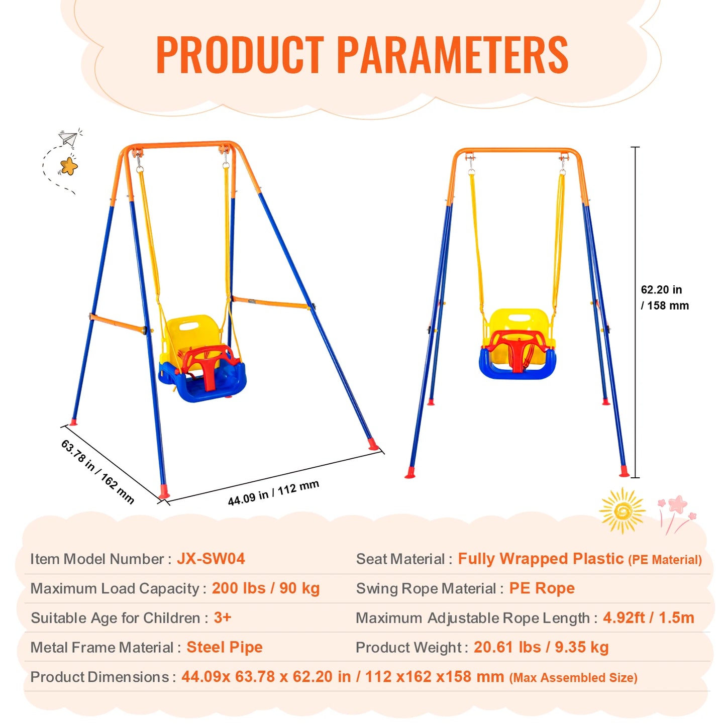 SucceBuy Swing Sets for Backyard 600lbs Capacity Swing Set with 1 Saucer Swing Seat 2 Belt Swing Seats Swingset Outdoor for Kids