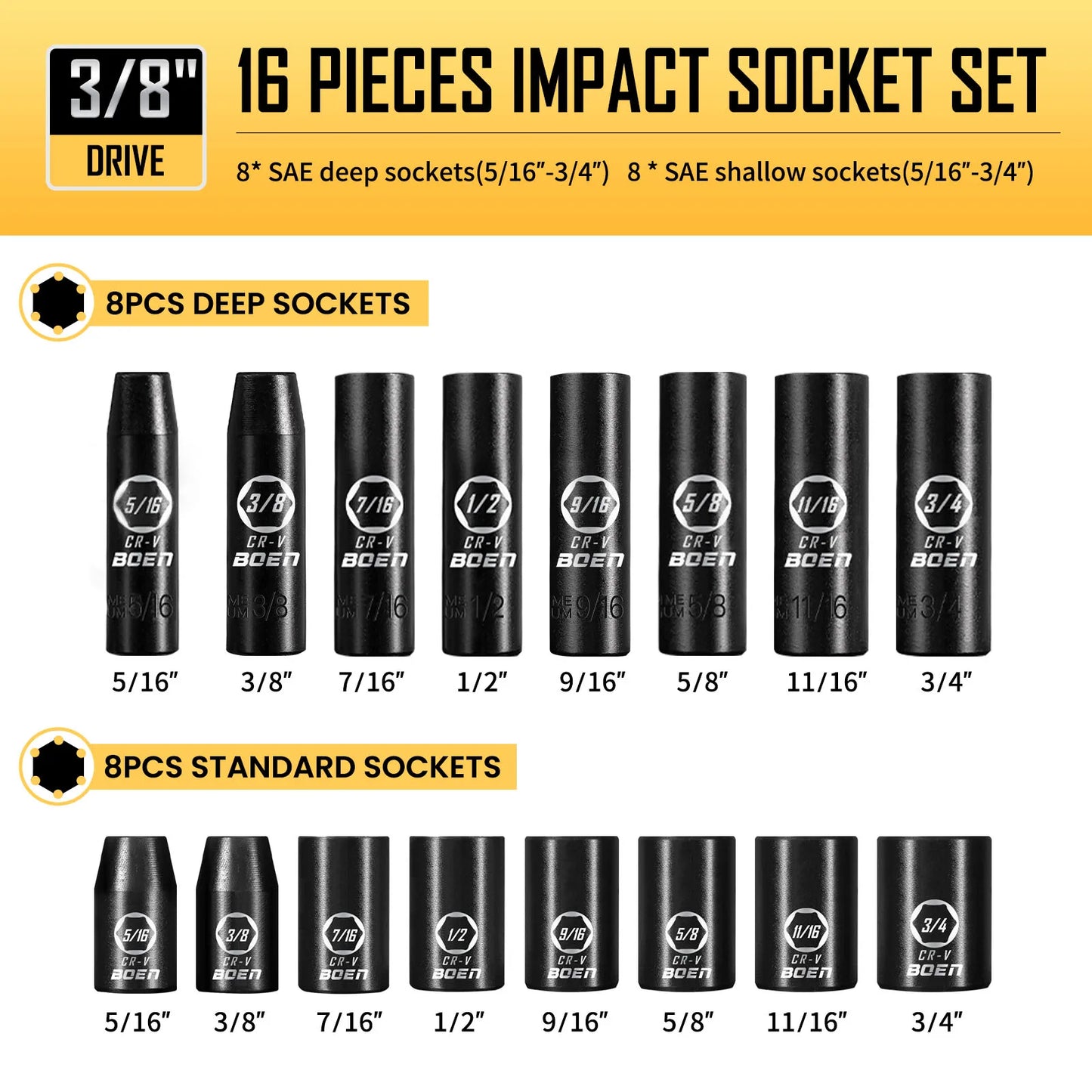 BOEN 3/8" Drive Impact Socket Set, 57-Piece Standard SAE (5/16 to 3/4 inch) and Metric (8-22mm), Include Ratchet Handle,