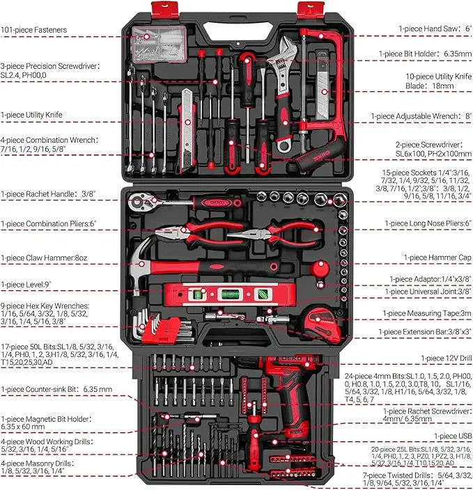 DEKO Home Mechanic Tool Set With Cordless Drill And Storage Case