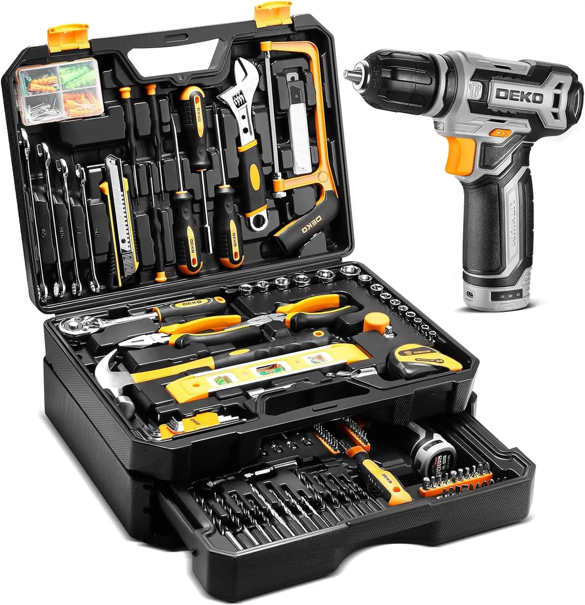 DEKO Home Mechanic Tool Set With Cordless Drill And Storage Case