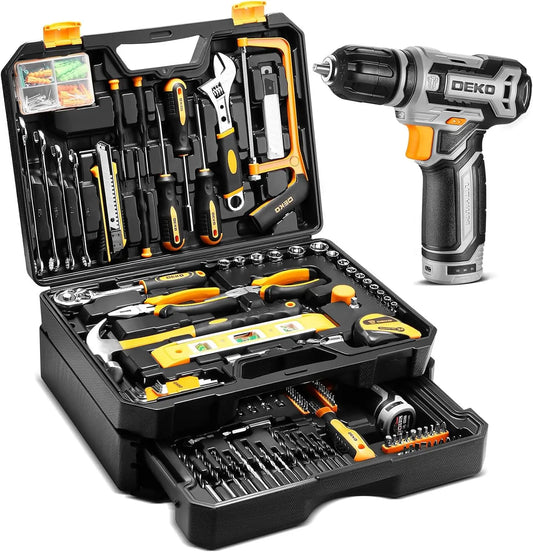 DEKO Home Mechanic Tool Set With Cordless Drill And Storage Case