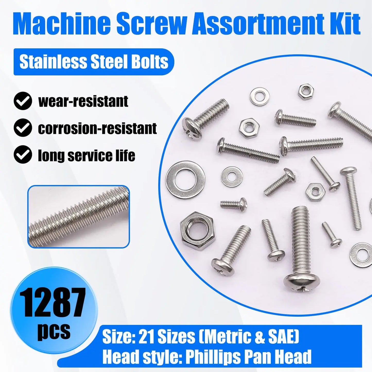 1287Pcs Nuts and Bolts Assortment Kit, 304 Stainless Steel Metric & SAE Machine Screws, Phillips Pan Head Hardware Set with