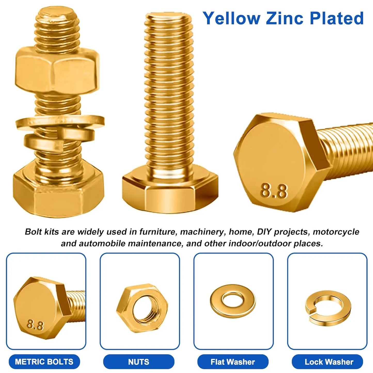 Grade 8.8 Metric Bolt Assortment Kit, 966Pcs M4 M5 M6 M8 Bolts and Nuts with Washers, Heavy Duty Hex Bolts Set with Handheld Box