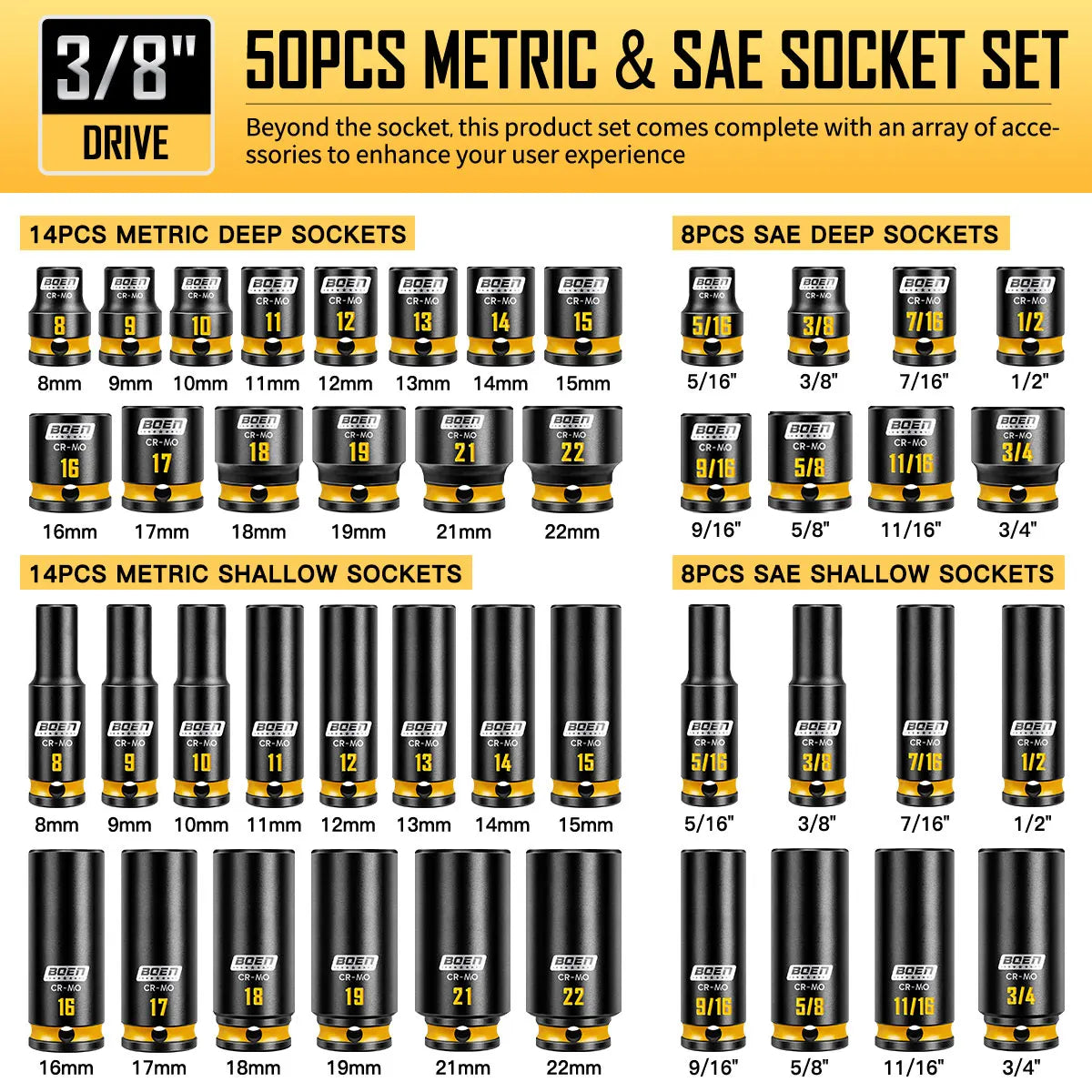 boen 3/8'' Drive Impact Socket Set, 50PCS Standard SAE (5/16 to 3/4 inch) and Metric (8mm-22mm), Deep & Shallow Size, 6-Point wi