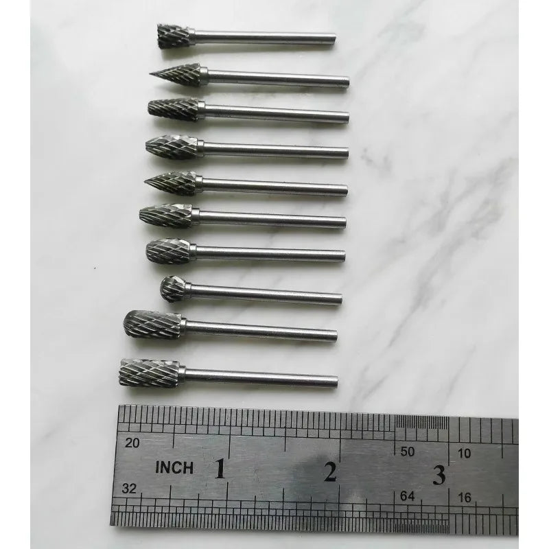 10Pcs 1/8" Shank Tungsten Carbide Milling Cutter Rotary Tool Burr Diamond Cut Rotary Drill Bit for Metalworking Polishing Tools