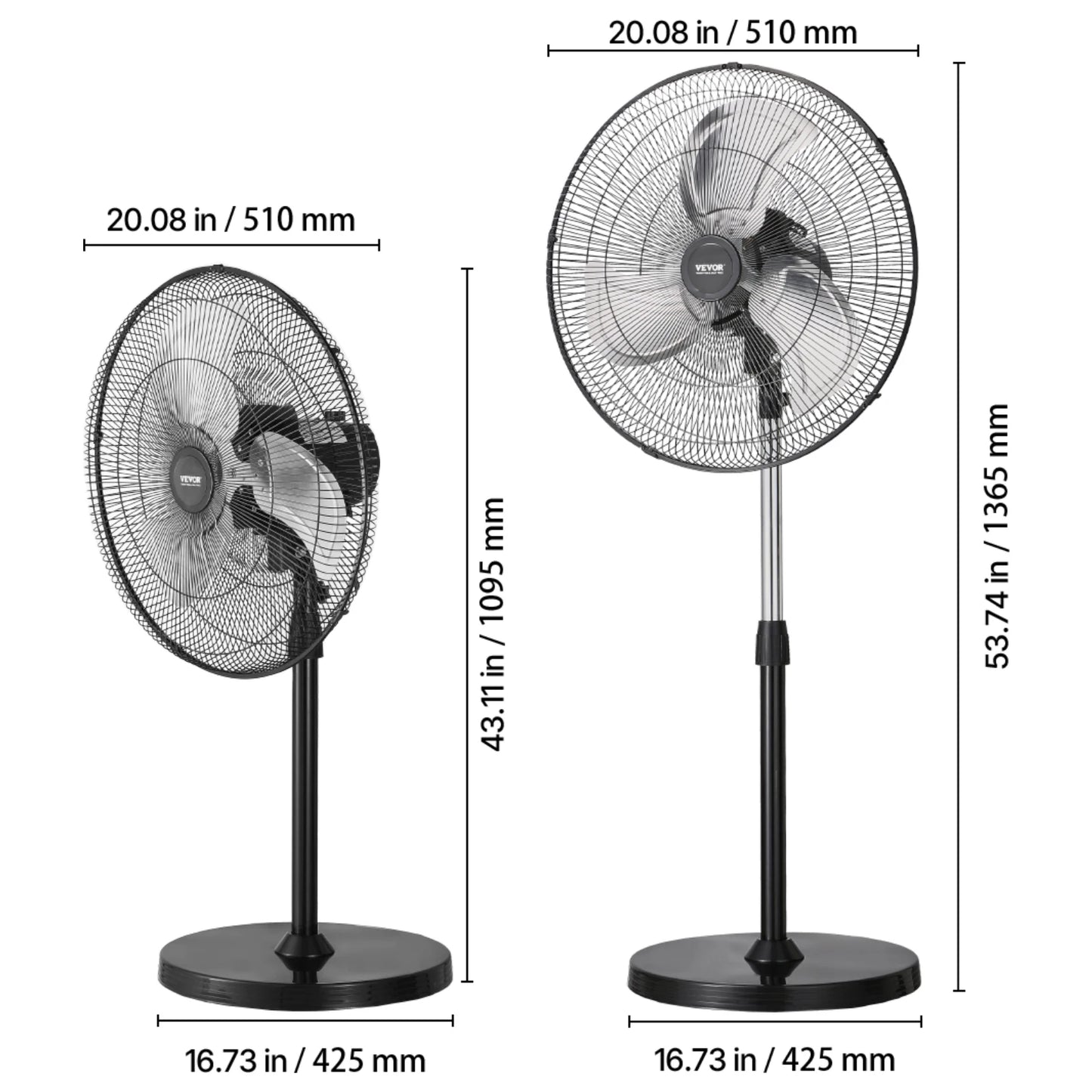 VEVOR Industrial Pedestal Fan 85-Degree Oscillating Fan Height Adjustable Standing Fans with 3 Adjustable Speed for Bedroom Home