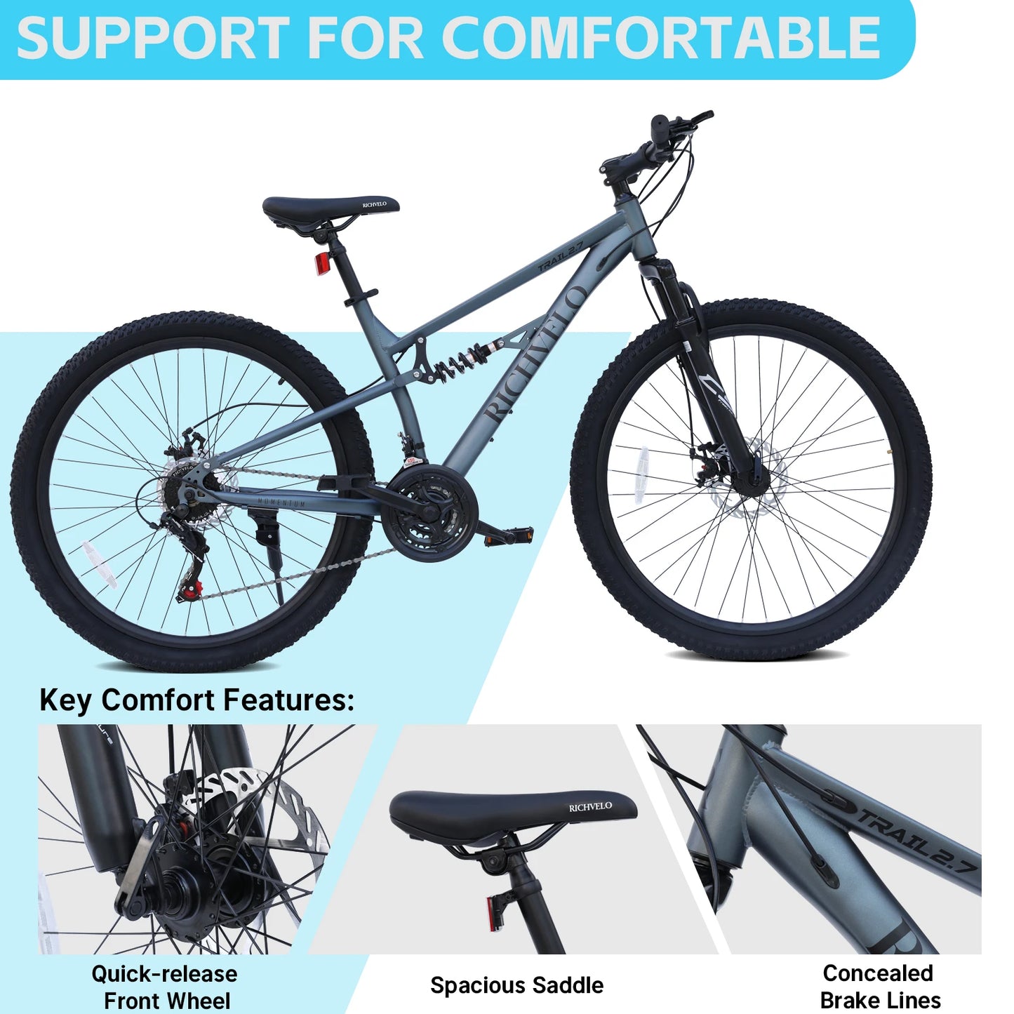 24/26 Inch Mountain Bike, Full Suspension 21-Speed Mountain Bicycle with Dual Disc Brakes, Carbon Steel Frame MTB Bike for Teenagers Adult Men Women