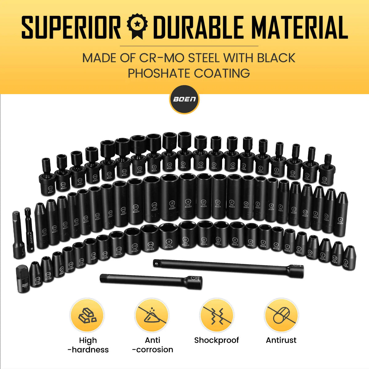 BOEN 72pc 1/4" Drive Impact Socket Set, SAE 3/16"-9/16" & Metric 4-15mm, Cr-Mo, w/Deep, Shallow, Swivel, Ext, Adapters & Univers