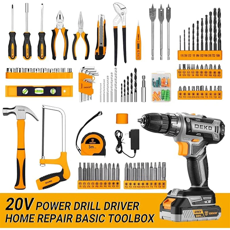 DEKO Cordless Drill And Household Repair Tool Kit With Battery
