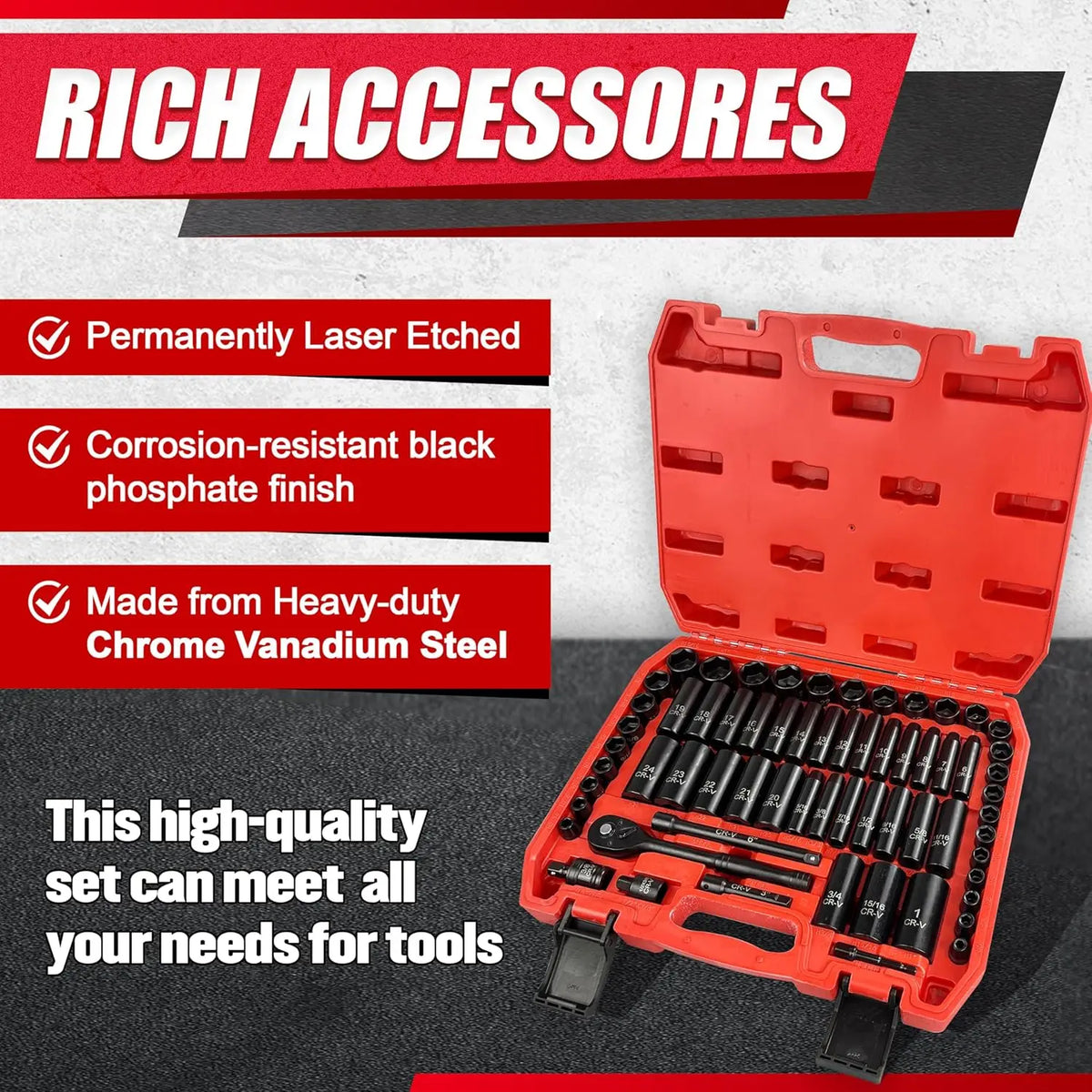 64pcs 3/8" Drive Impact Socket Set, SAE/Metric Deep & Shallow, Cr-V Steel with 72T Ratchet Handle, Extension Bars, Bit Adapter