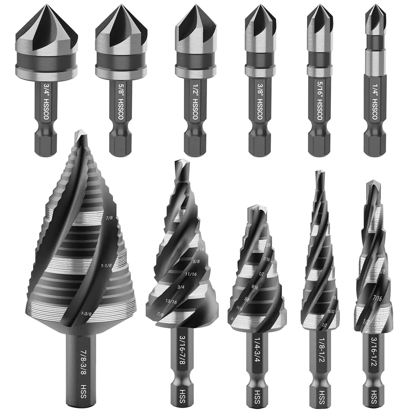 5-Piece Spiral Flute Step Drill Bit Set & 6-Piece Countersink Bits with Tool Box, HSS for Metal, Wood, Plastic
