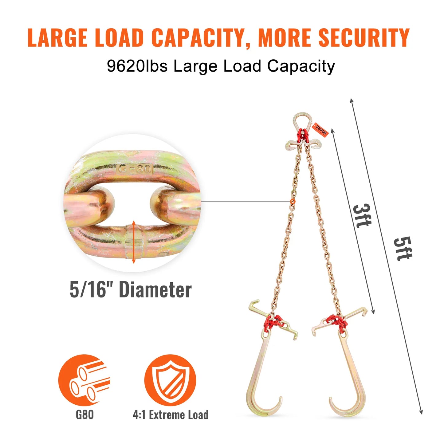 SucceBuy V-Chain Tow Chain Bridle 9620lbs Working Load Limit 5/16''x3' G80 with RTJ Cluster Hooks & D-Shackle for Lifting Moving