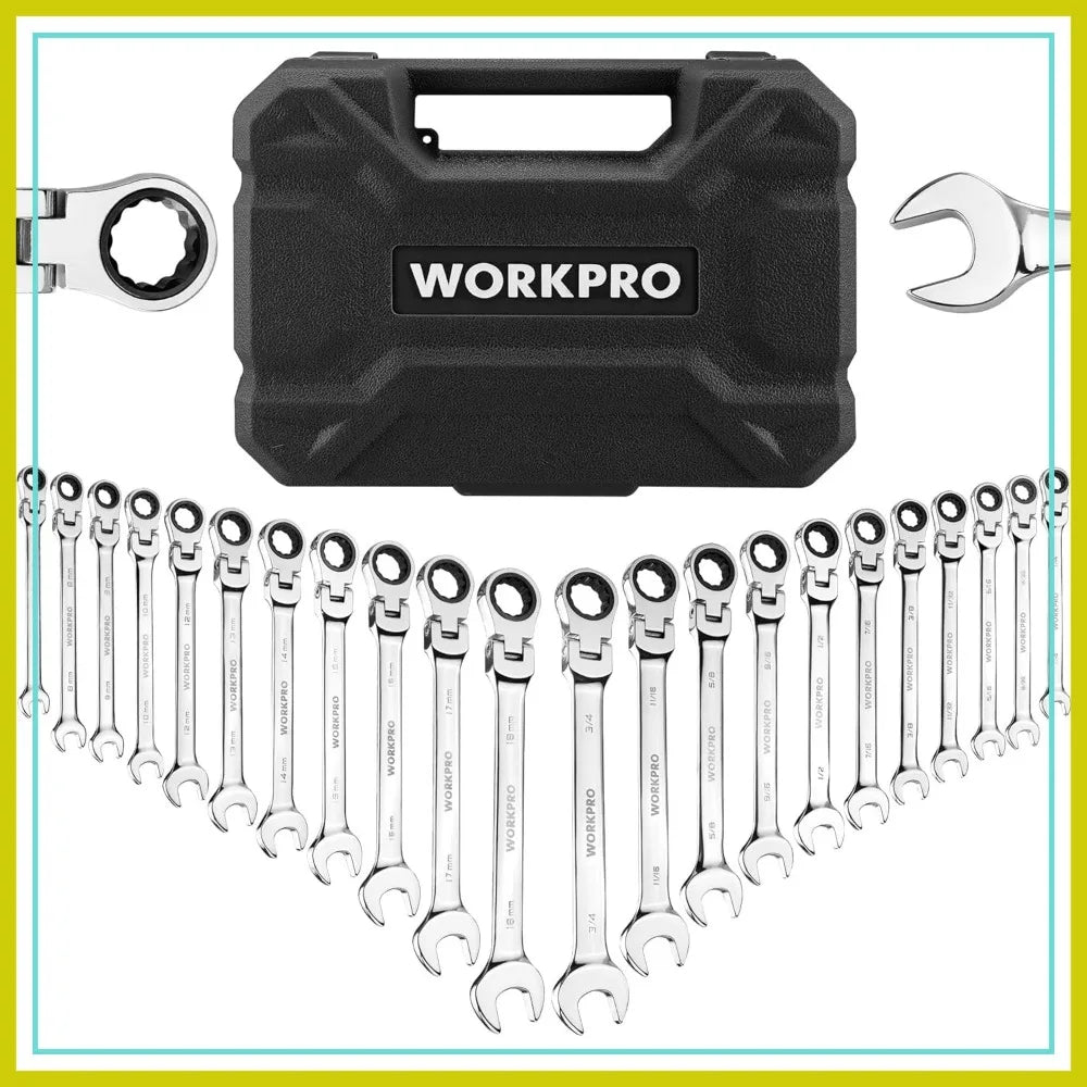 22-Piece Ratcheting Wrench Set, Flex-Head Combination Wrenches with Organizer Case, 72-Tooth, Metric & SAE