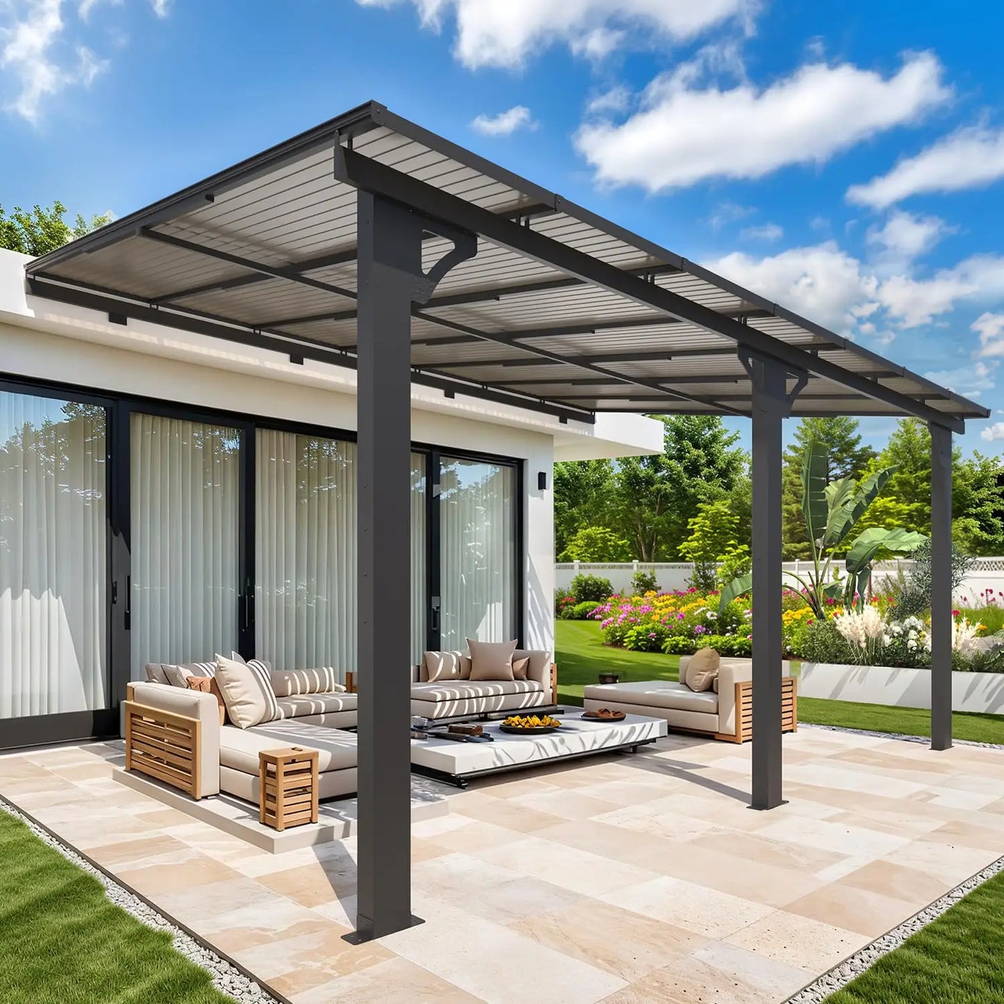 14x10 Hard Top Lean-to Gazebo Pergola with Wall-Mounted Steel Roof 140sqft Shade for Patio Deck Backyard Customized