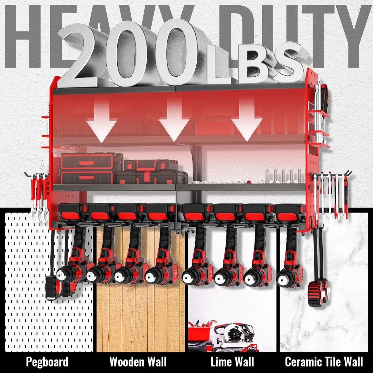 Metal Power Tool Organizer Wall Mount with Screwdriver Holder, Garage Storage Shelves for Drills and Pliers in Red