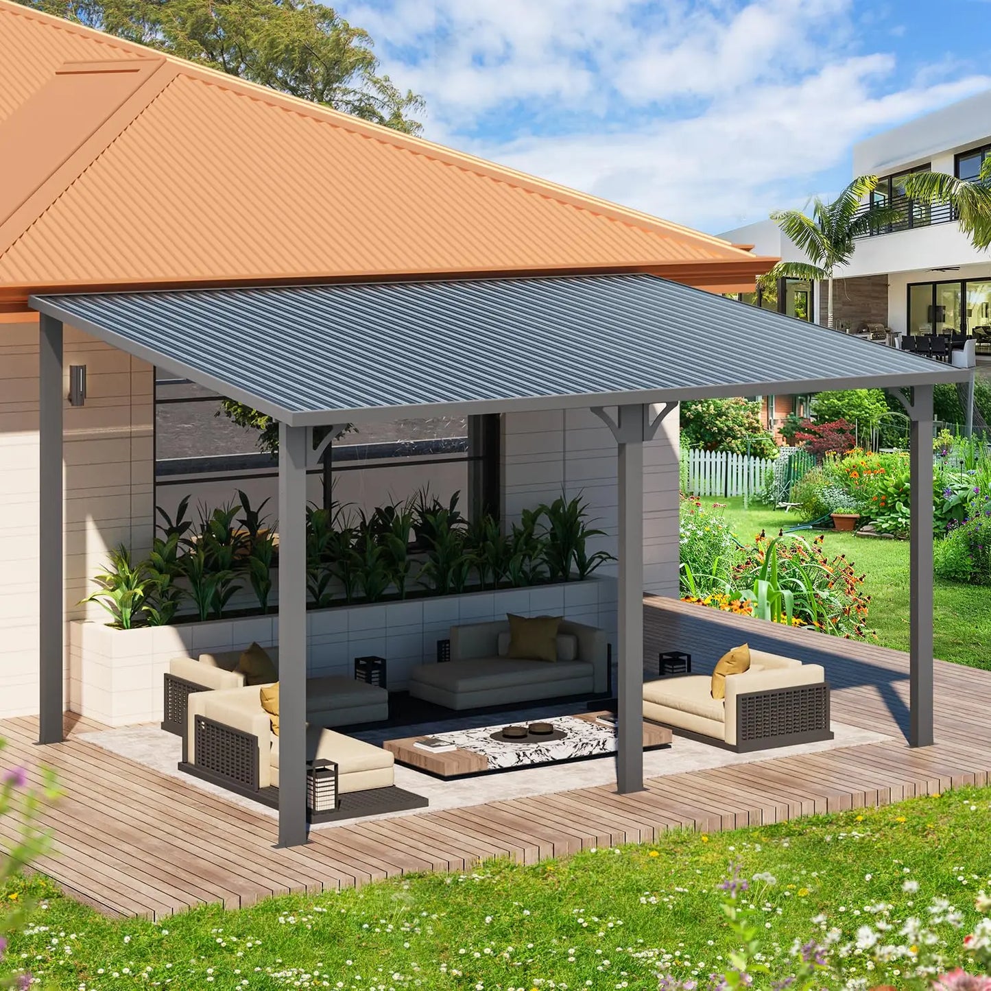 14x10 Hard Top Lean-to Gazebo Pergola with Wall-Mounted Steel Roof 140sqft Shade for Patio Deck Backyard Customized