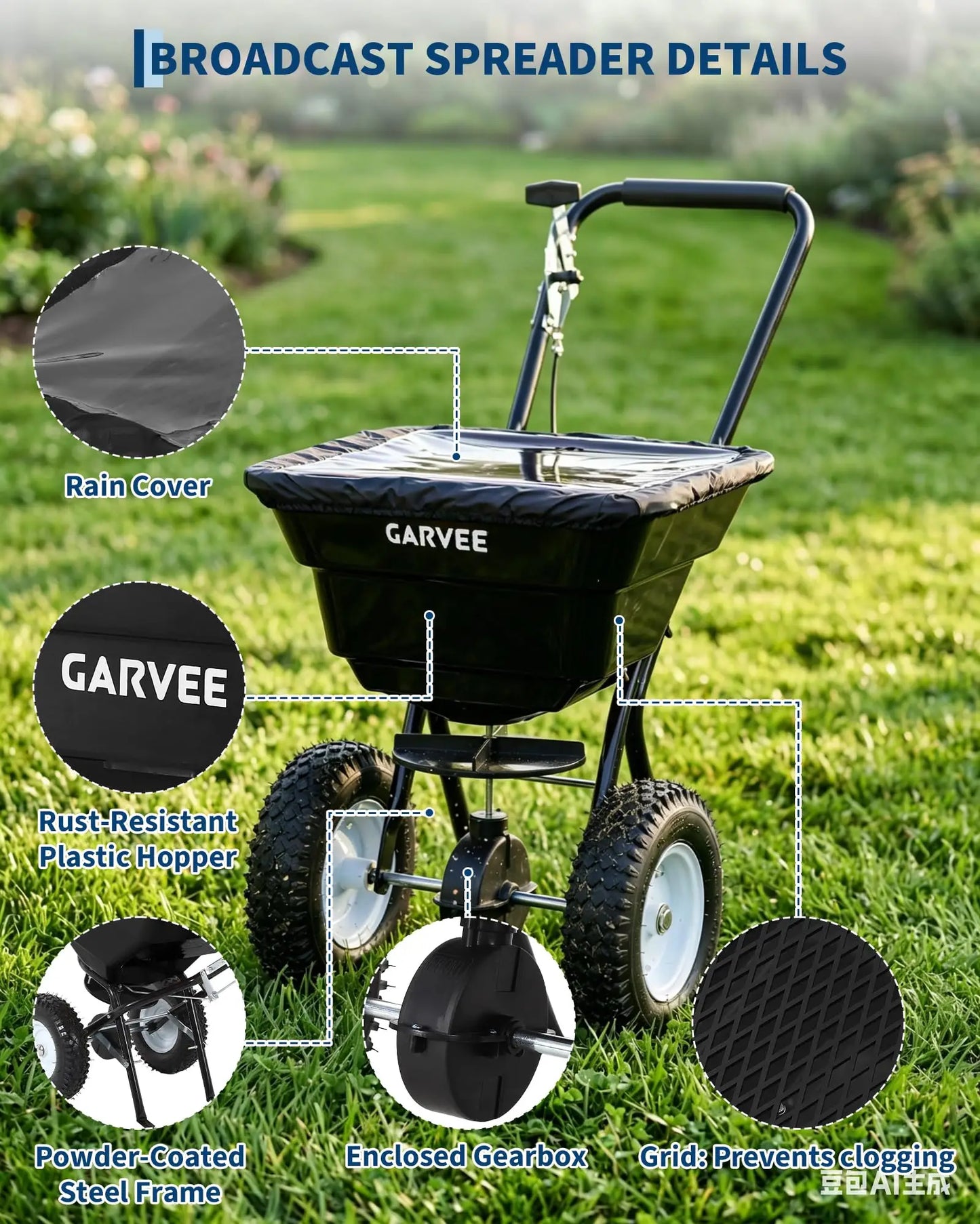 Heavy Duty 80LB Lawn Spreader, Walk Behind Broadcast Spreader With 12FT Coverage, 13in Wheels For Seed Fertilizer Salt
