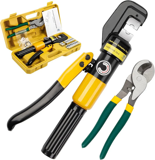 Hydraulic Crimping Tool and Cable Cutter, 12 AWG to 00 (2/0), 10 Tons with 9 Dies for Cable Lug and Wire Terminal
