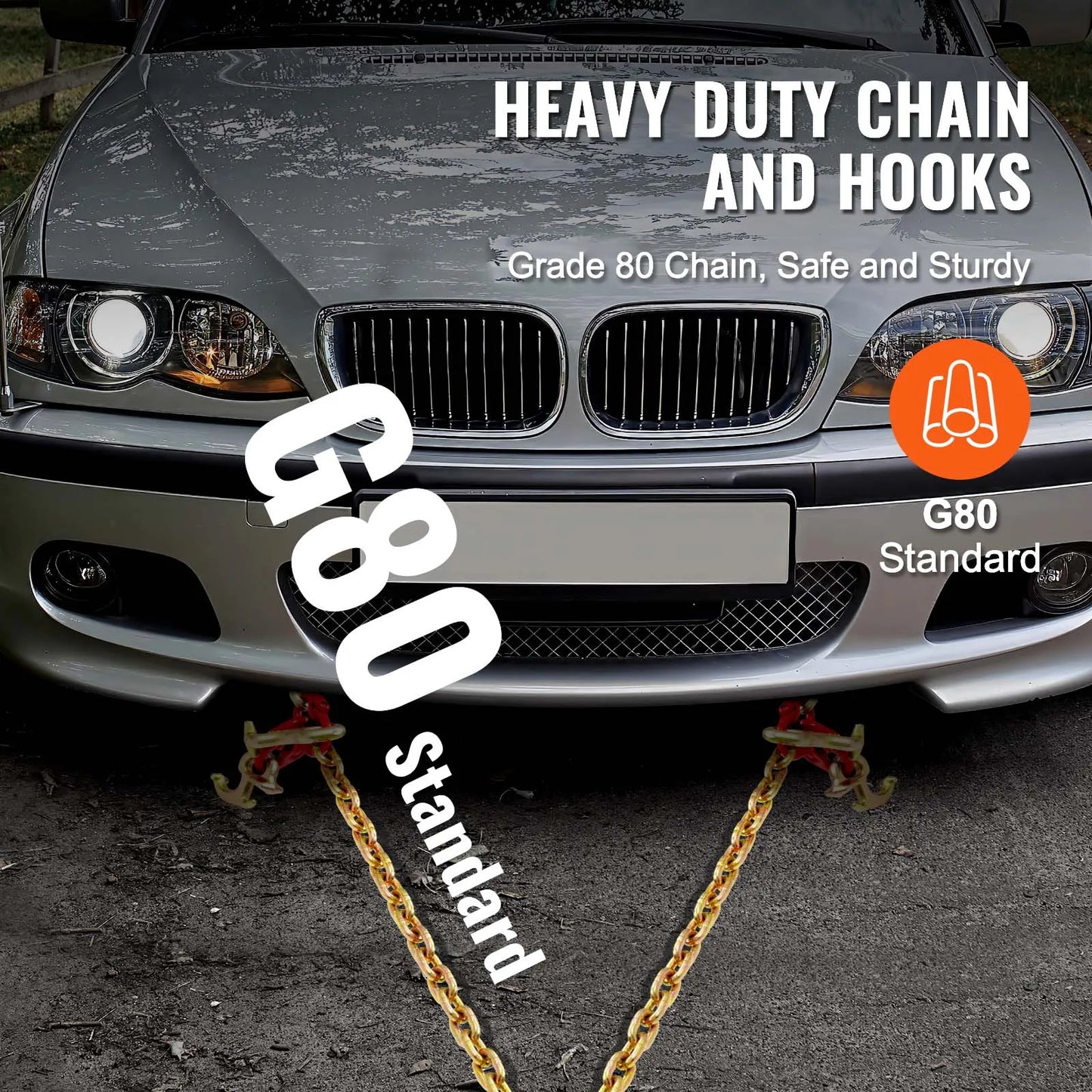 SucceBuy G80 V Towing Binder Chain with R/T/J Hook & Grab Hooks Transport Tow Bridle Chain for Flatbed Truck Wrecker Recovery