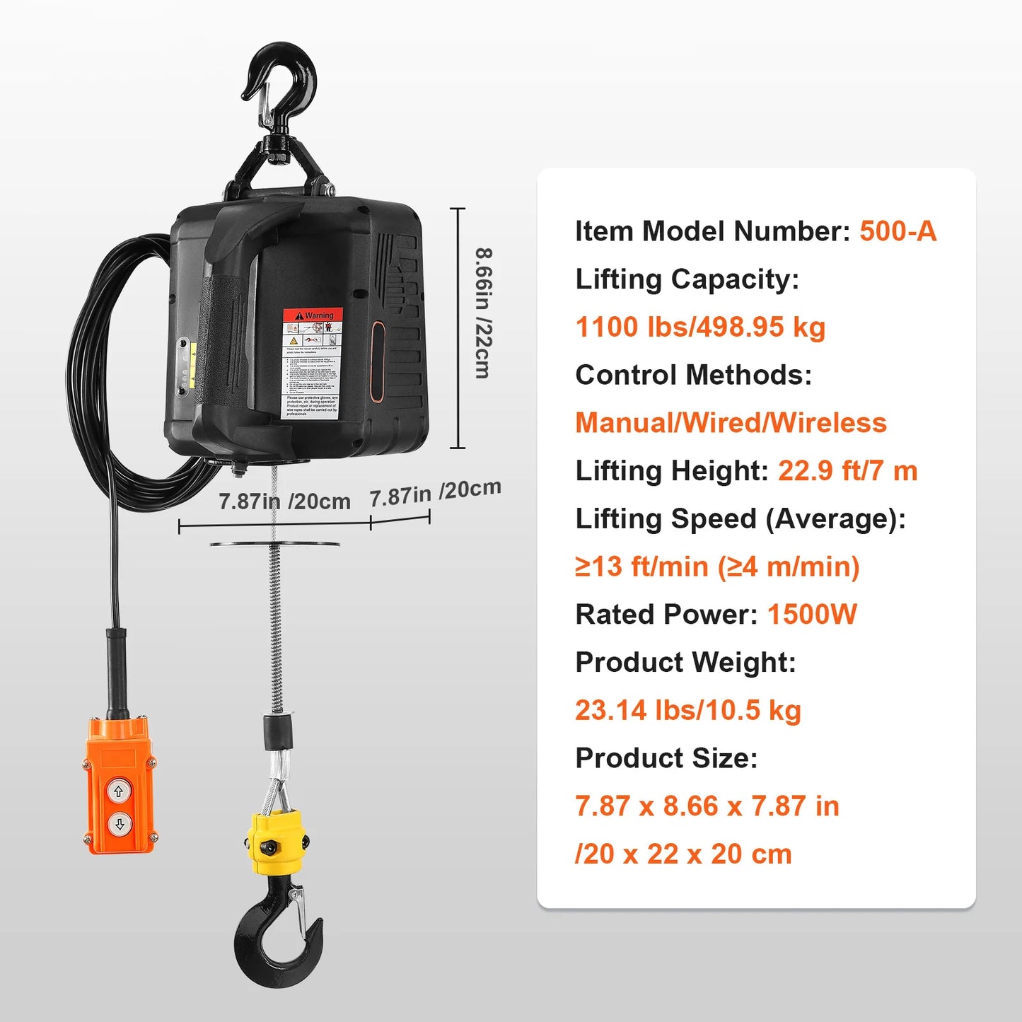 SucceBuy 1100lbs 3-in-1 Electric Hoist Winch Manual/Wired/Wireless 22.9ft Lifting Heigh Overload Protection Portable Power Crane