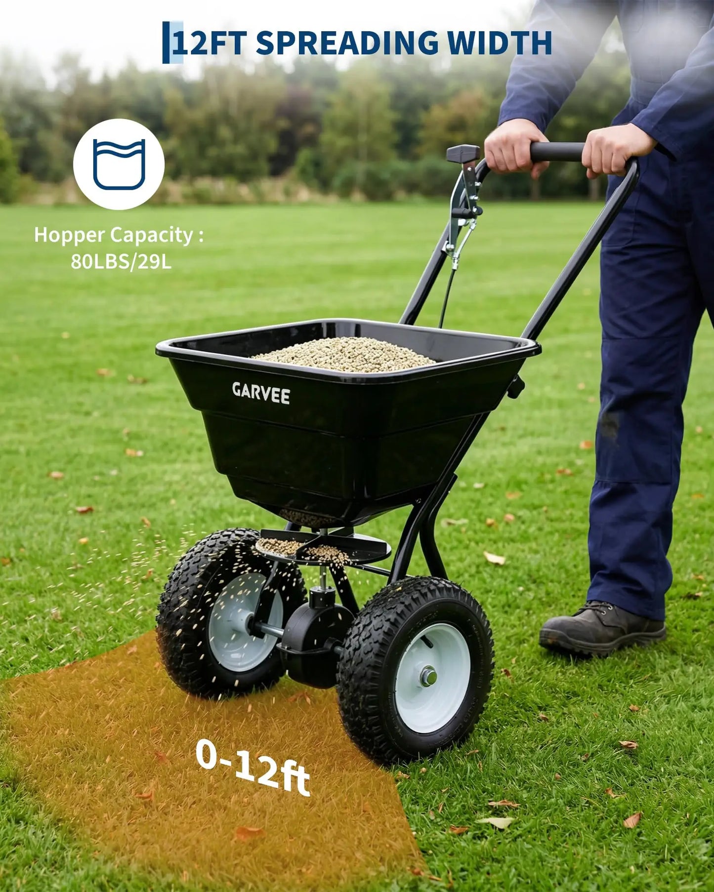 Heavy Duty 80LB Lawn Spreader, Walk Behind Broadcast Spreader With 12FT Coverage, 13in Wheels For Seed Fertilizer Salt