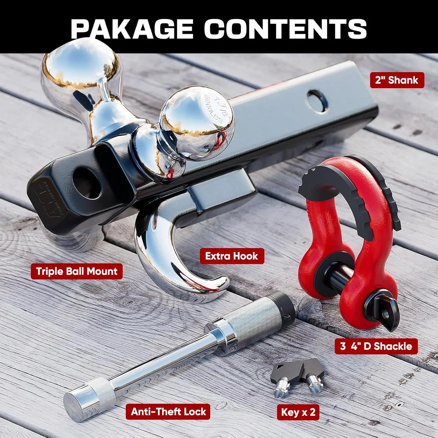 Tri-Ball Trailer Hitch Mount with Hook, Pin & Rotatable Shackle for 2-In Receiver, 1-7/8, 2, 2-5/16 Hitch Balls with Anti-Theft