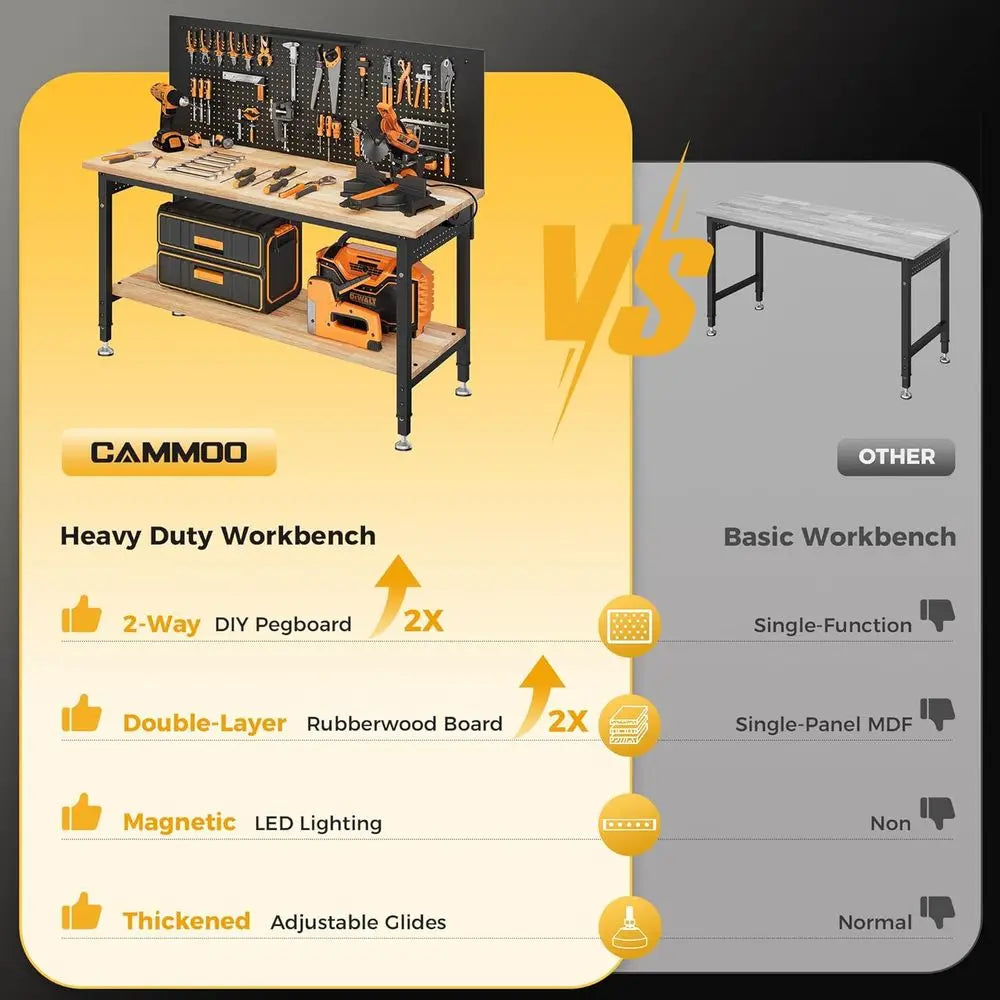 Adjustable Height 60 Workbench with Storage, Heavy Duty Rubberwood Top, LED Light, Power Strip for Workshops and Garages