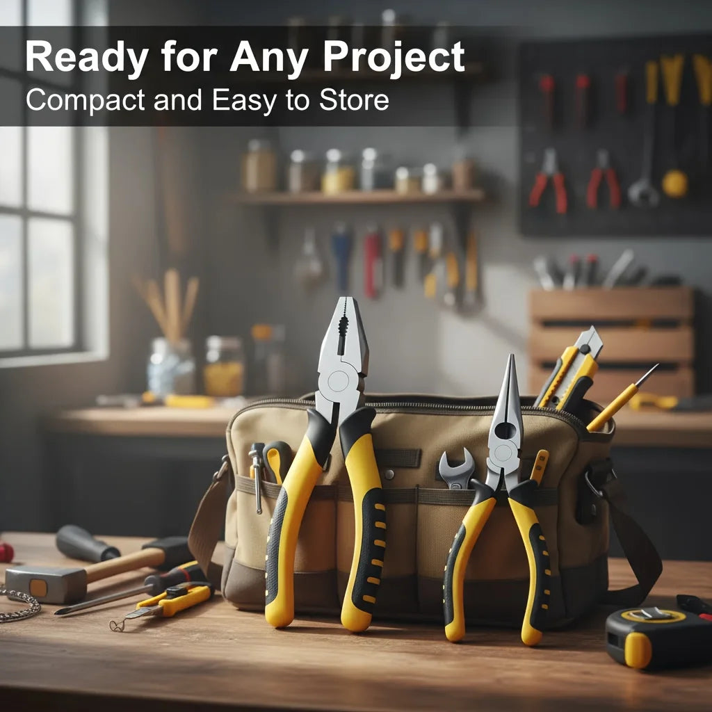 Set of 3 Pliers, 8 Inches Each, Designed for Industrial Use. These Versatile Tools Include Wire Cutters, Needle-Nose Pliers, And