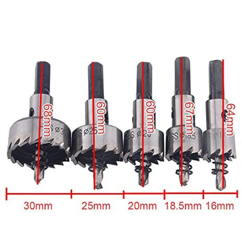 5Pcs Carbide Tip HSS Drill Bit Hole Saw Set Stainless Steel Metal Alloy 16/18.5/20/25/30mm Woodworking Tools