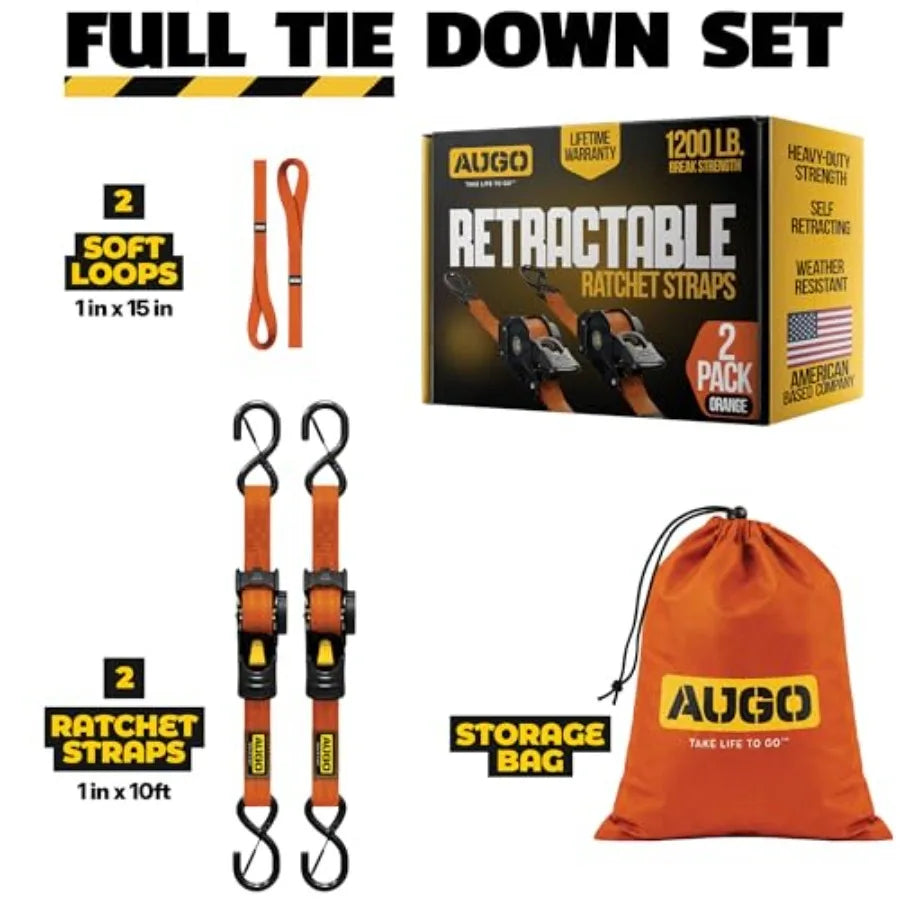 Retractable Ratchet Straps 2 Heavy Duty Ratchet Straps Self Retractable Tie Downs with Soft Loops and Storage Bag for Motorcycl