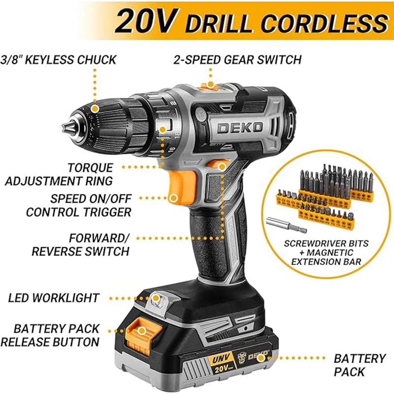 DEKO Cordless Drill And Household Repair Tool Kit With Battery