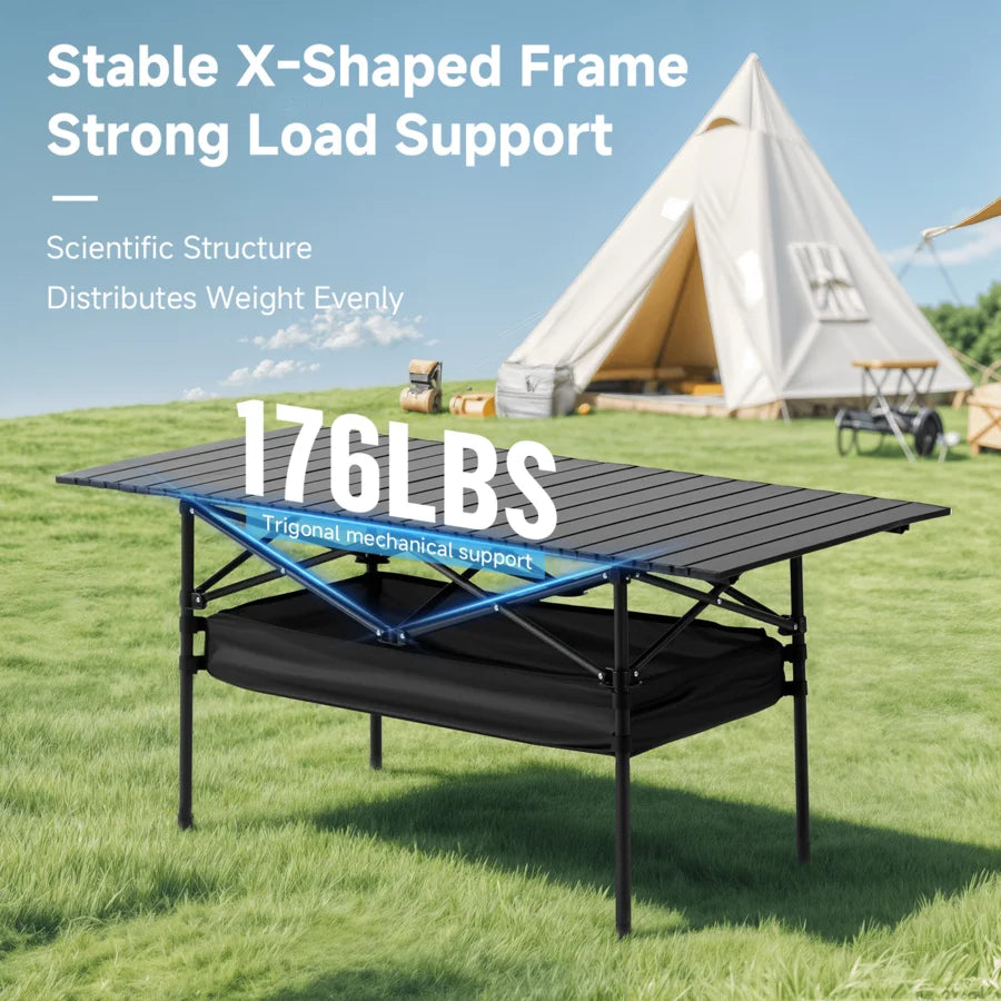 Senmeo Camping Table, Fold Up Lightweight, 4-6 Person Portable Roll Up Aluminum Table With Carry Bag For Outdoor, Support Up To