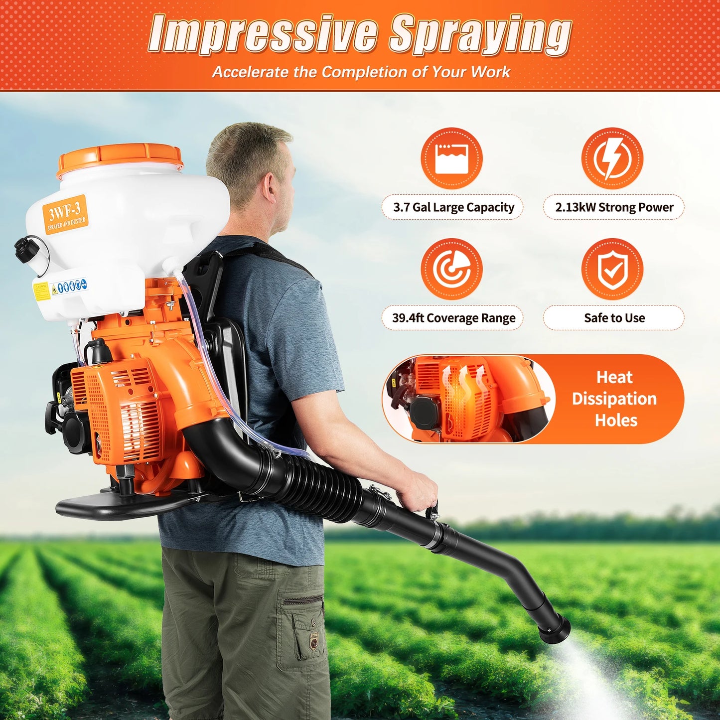 Backpack Sprayer 41.5CC 2-Stroke Gas Powered Agricultural-Mist-Duster 14L Tank for Farm Pesticide Disinfection