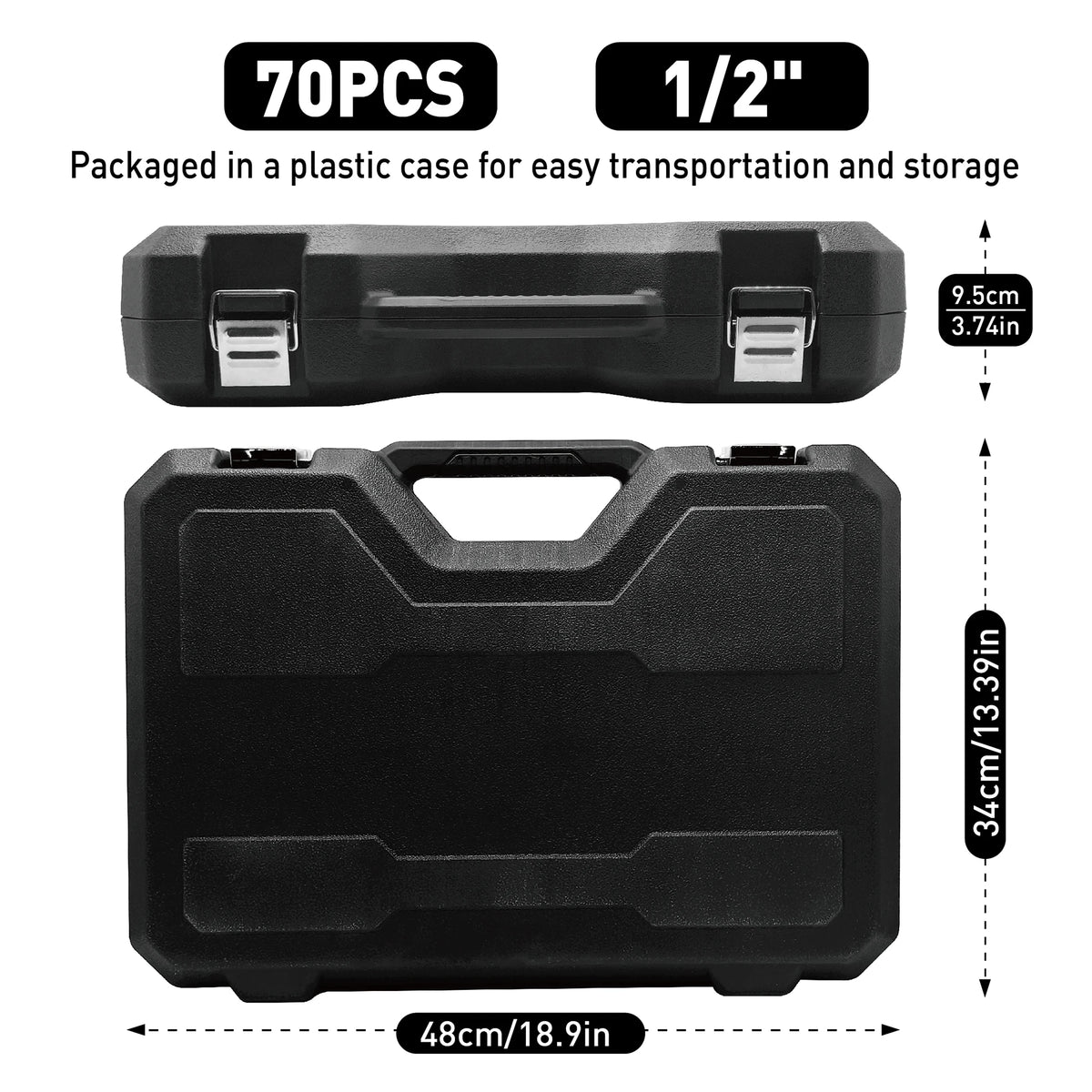 70PCs 1/2" Drive Impact Socket Set Socket Set SAE (5/16" -1-1/4")& Metric (8-24mm) 6 Point Cr-V Alloy Steel Auto Repair