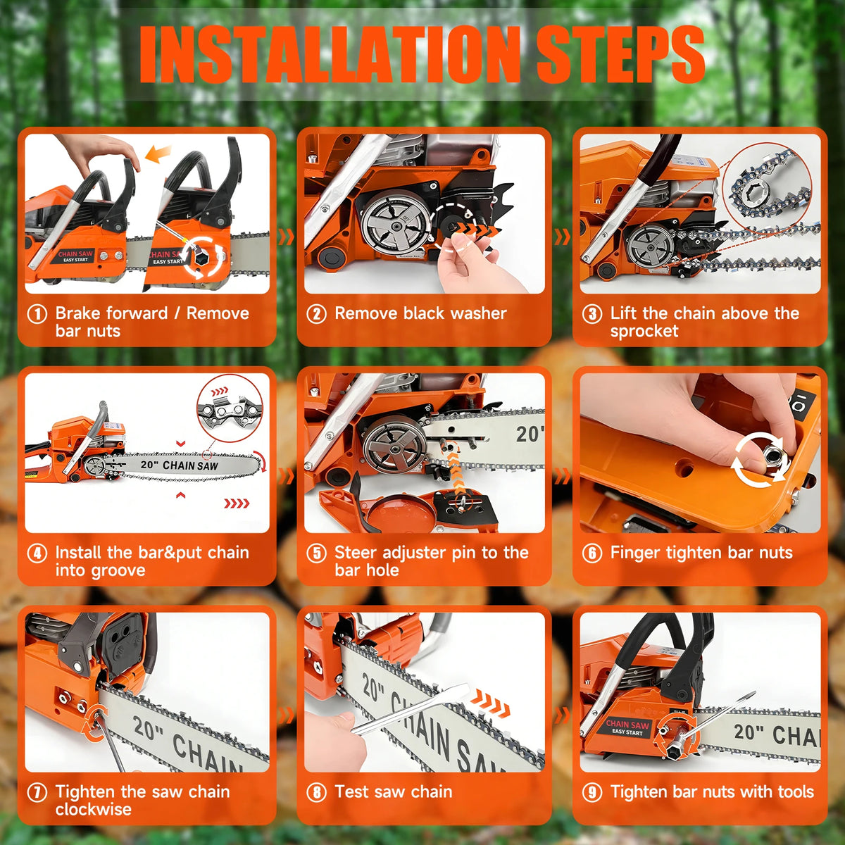 62CC 20-Inch Cordless Gasoline Chainsaw 8500rpm 2-Stroke 3.4hp Hand-Held for Farm/Garden/Ranch/Heavy-Duty Wood Cutting
