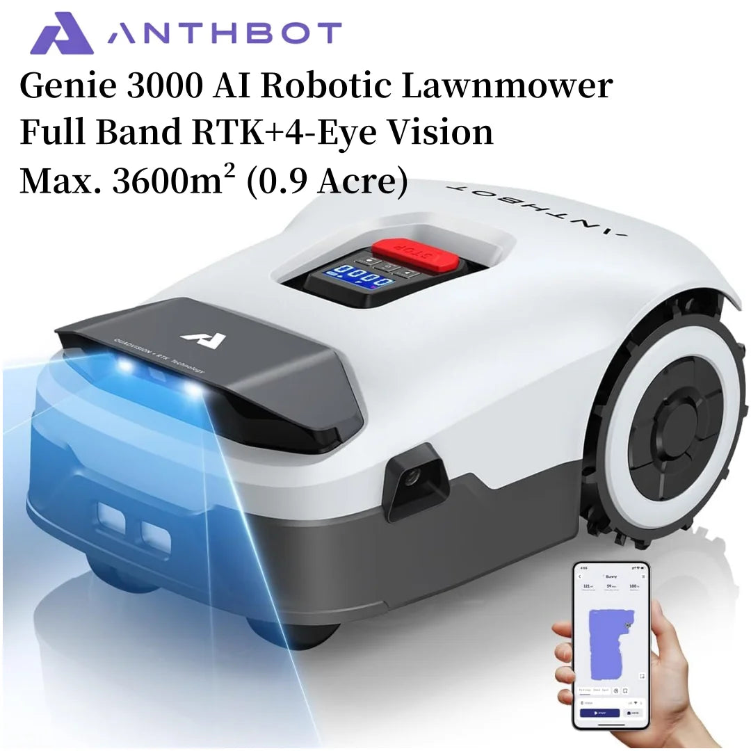ANTHBOT Genie 600E(4G) AI Wireless Robotic Lawnmower, Max. 900 m², RTK + 4 Camera Vision Lawn Mower Robot, 4G+WiFi+Bluetooth