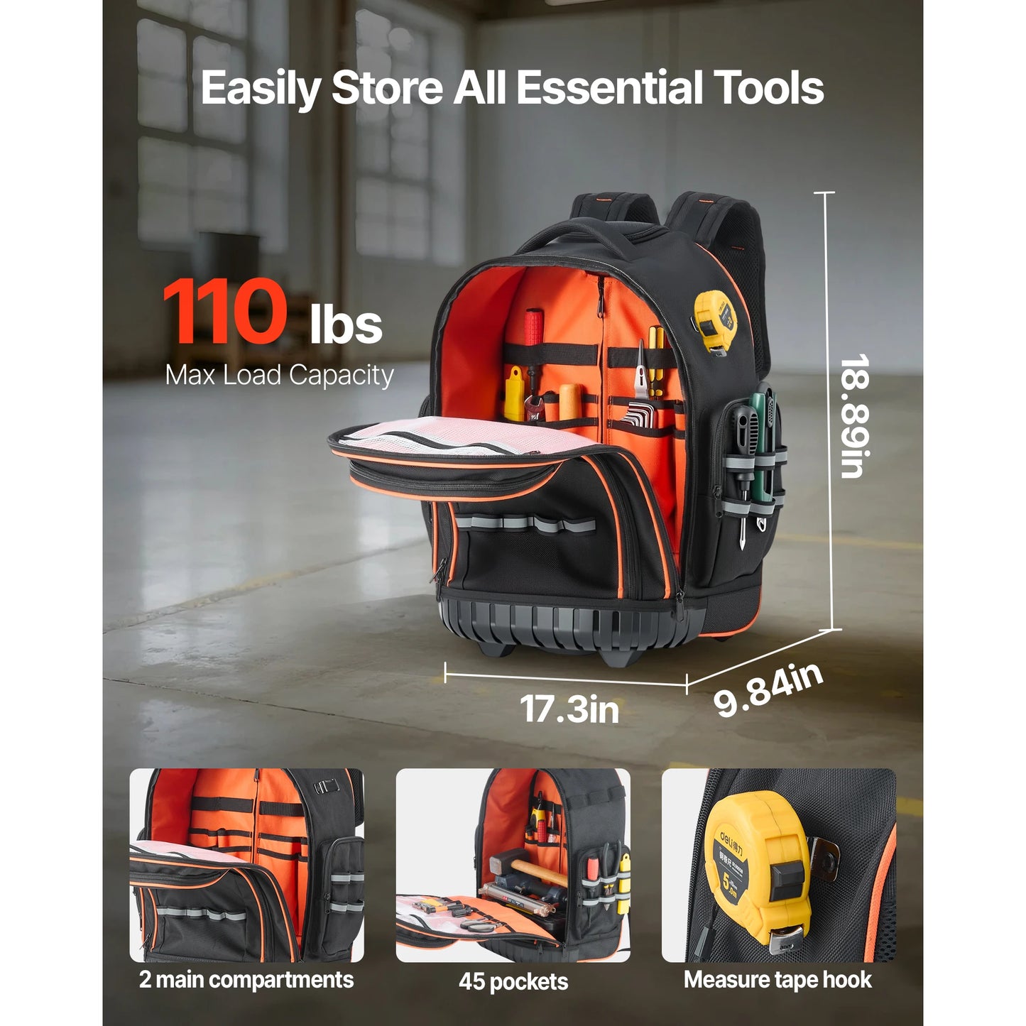 SucceBuy 110lbs Rolling Tool Backpack 14/15in Roller Tool Bag on Wheels with 45/72 Pockets Toolbag Organizers for Mechanic Tools