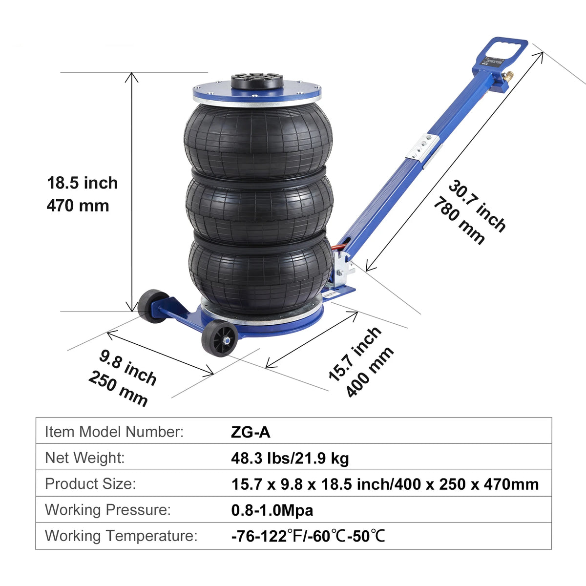 SucceBuy Pneumatic Jack 3 Ton/5 Ton Triple Bag Air Jack Quick Lift Heavy Duty Car Repair Jacks Folding Rod Jacks with Two Wheels