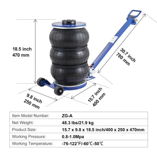 SucceBuy Pneumatic Jack 3 Ton/5 Ton Triple Bag Air Jack Quick Lift Heavy Duty Car Repair Jacks Folding Rod Jacks with Two Wheels