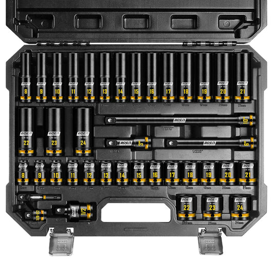 BOEN 40-Pieces 1/2" Drive Impact Socket Set, Metric (8-24mm) Deep & Shallow Socket, 6-Point Design
