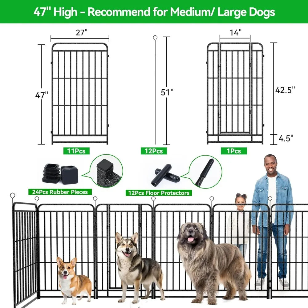 Heavy Duty Dog Playpen 12 Panels 47" Height, Square Steel Pipe Reinforced Crossbars, 27ft 57sqft Portable Fence Yard RV Camping