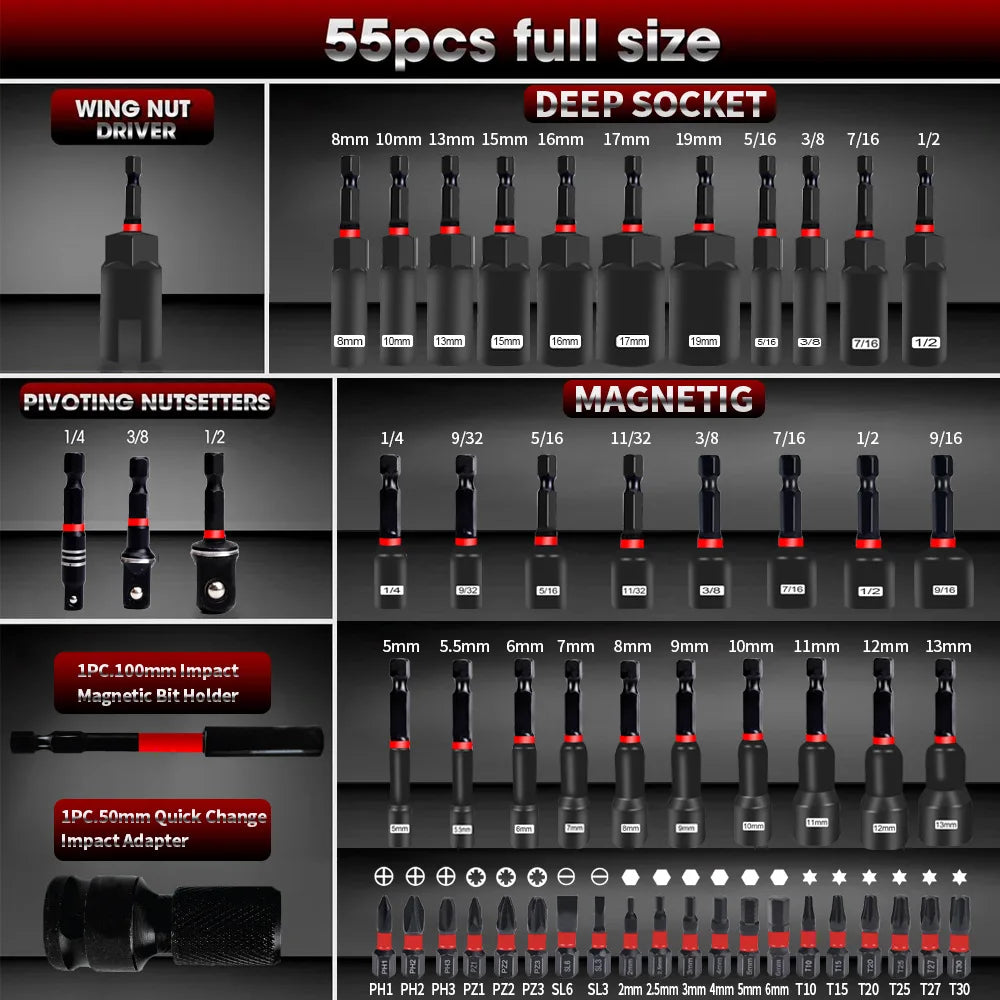 55PCS Magnetic Impact Nut Driver Set Deep Socket Driver Metric SAE Hex Nut Setter Power Drill Bit Tool Kit