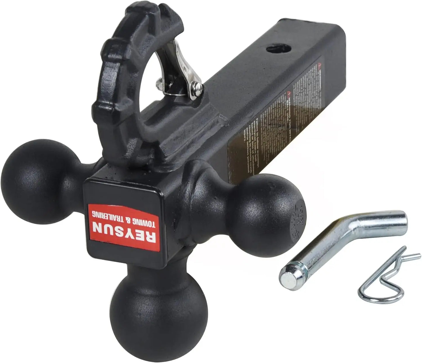 Tri-Ball Trailer Hitch with Hook: 3 Sizes in 1 Tow Ball, Fits 2-Inch Receiver, Self-Locking, 10,000 lbs Capacity, Matt Black