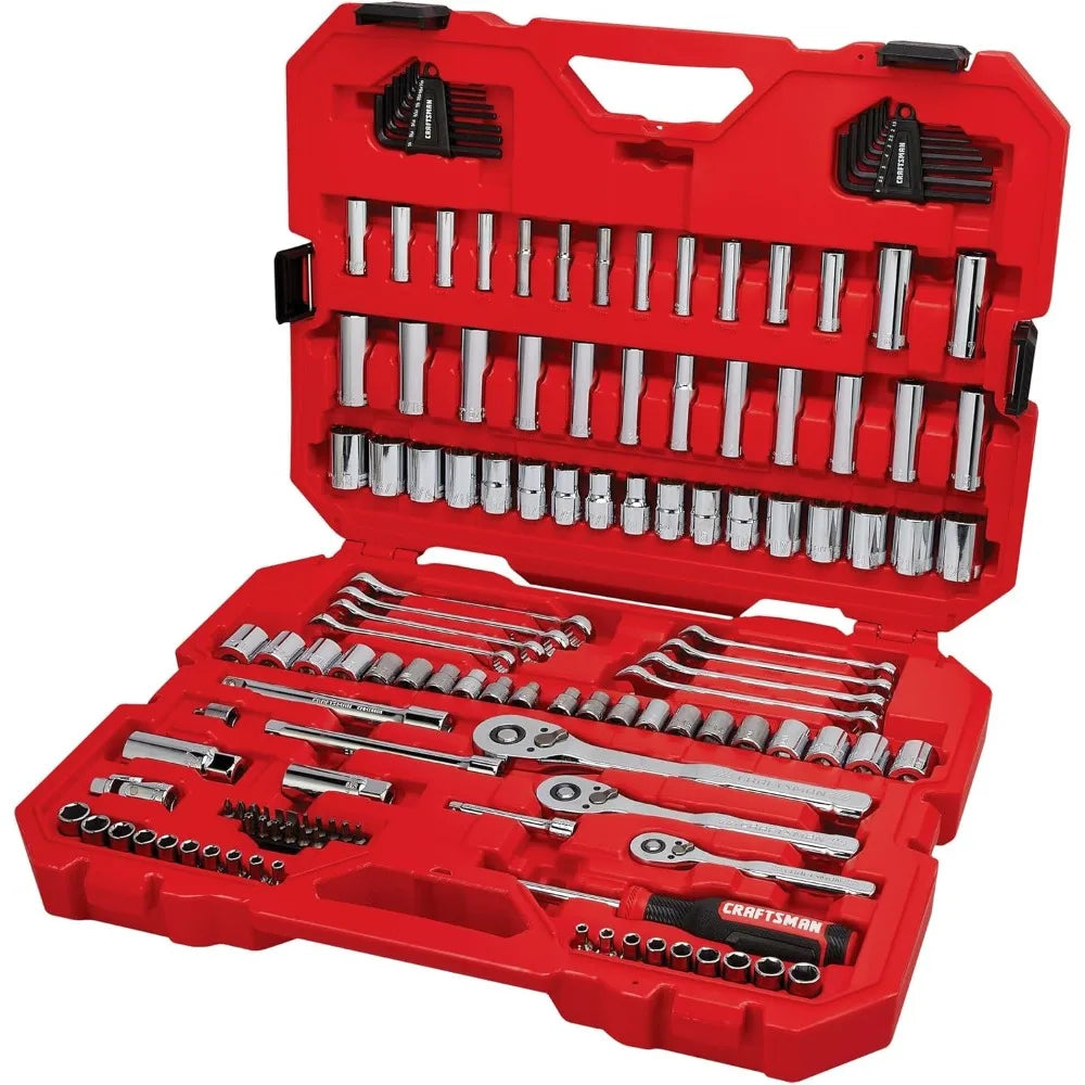 Mechanic Tool Set 135 Pcs, 1/4, 1/2 and 3/8 Inch Drive SAE and Metric Socket Wrench Set with Case (CMMT12124)