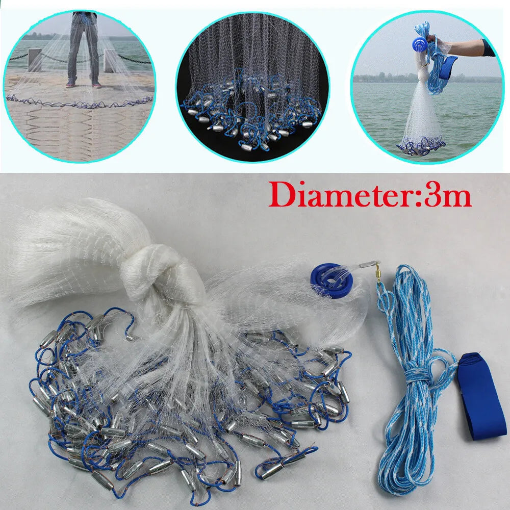 10FT Saltwater Fishing Cast Net For Bait Trap Height Easy Throw Sink 3 Meter USA