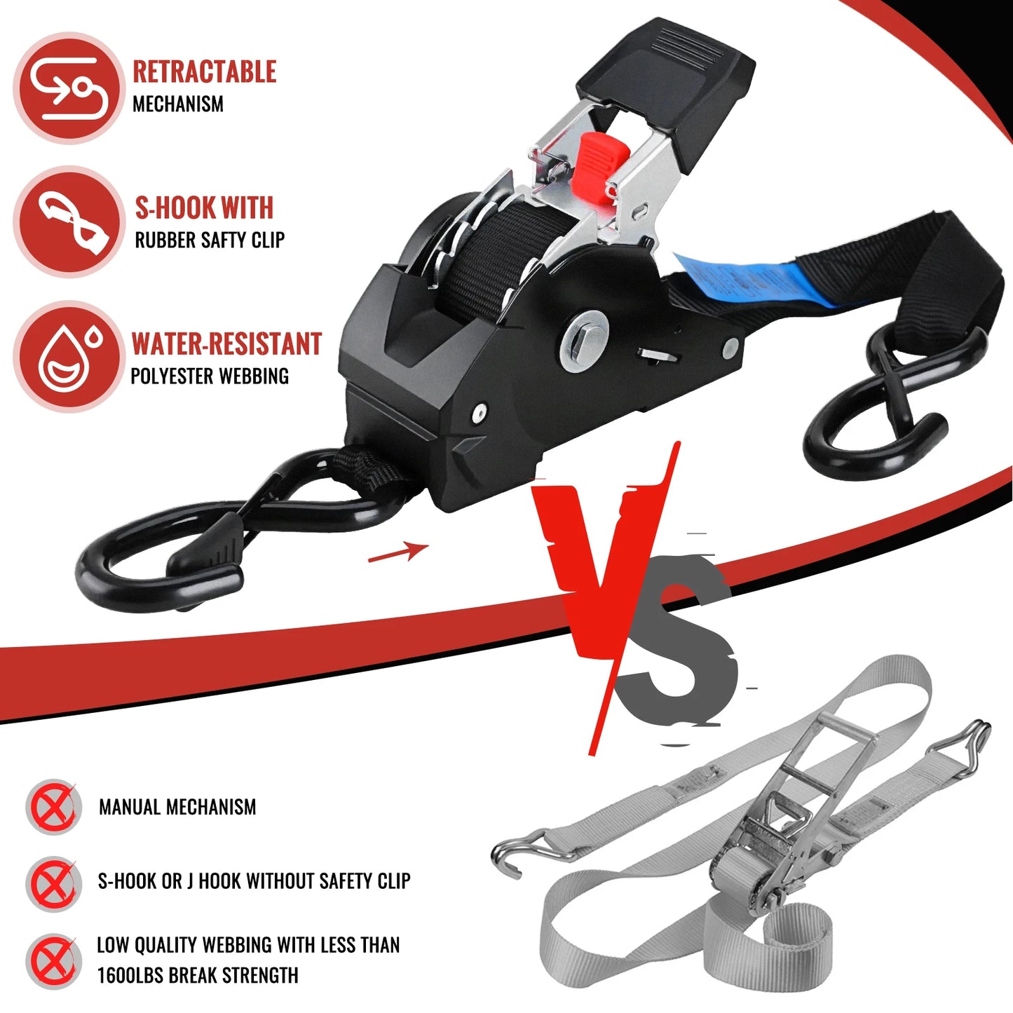 Retractable Ratchet Straps 1" x 10' Heavy Duty-1209 lbs Break Strength-Auto Retractable Boat Trailer Tie Down for Truck,Cargo